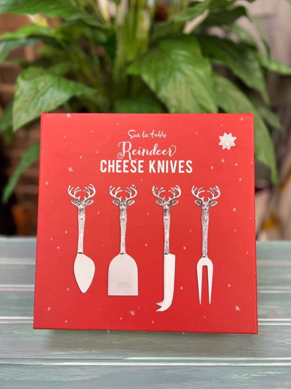 Sur La Table Red Box with Silver Reindeer Cheese Knives